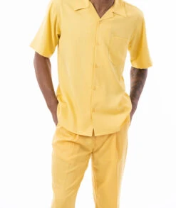 Men's 2 Piece Walking Suit Summer Short Sleeves In Canary Yellow -Clothing Shop 696 CANARY1