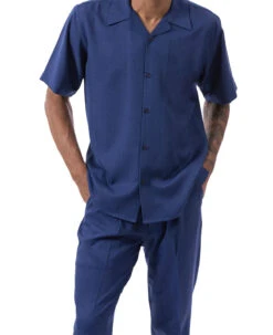 Men's 2 Piece Walking Suit Summer Short Sleeves In Navy