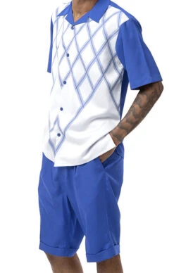 Royal Blue Criss Cross 2 Piece Short Sleeve Walking Suit With Shorts