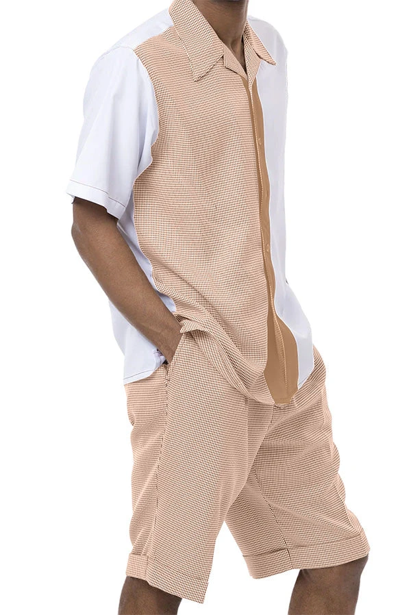 Tan Houndstooth 2 Piece Short Sleeve Walking Suit Set With Shorts 3 Tan Houndstooth 2 Piece Short Sleeve Walking Suit Set With Shorts