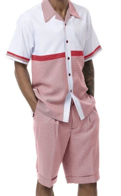Red 2 Piece Short Sleeve Walking Suit Set Horizontal Color Block With Shorts