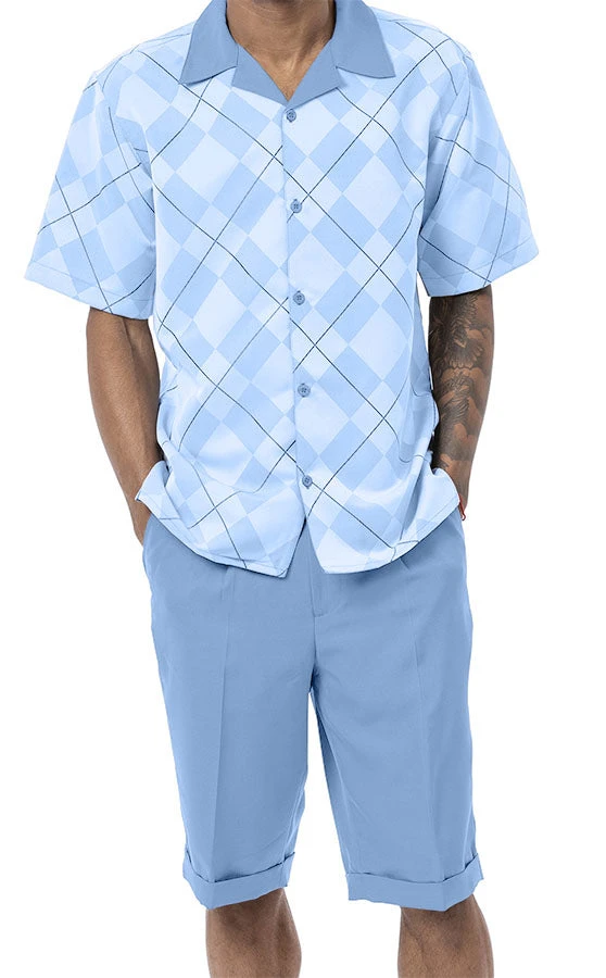 Carolina Blue 2 Piece Short Sleeve Walking Suit Argyle Pattern With Shorts 3 Carolina Blue 2 Piece Short Sleeve Walking Suit Argyle Pattern With Shorts
