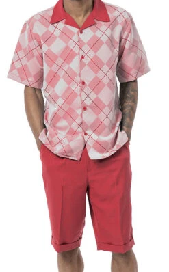 Red 2 Piece Short Sleeve Walking Suit Argyle Pattern With Shorts