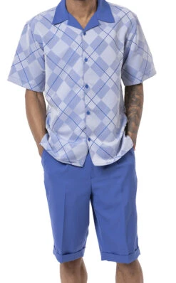 Royal Blue 2 Piece Short Sleeve Walking Suit Argyle Pattern With Shorts
