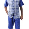 Cobalt Blue Plaid Walking Suit 2 Piece Short Sleeve Set With Shorts -Clothing Shop 72302 COBALT