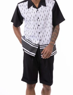 Black Abstract Design Walking Suit 2 Piece Short Sleeve Set With Shorts