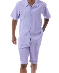 Lavender Tone On Tone Vertical Stripes Walking Suit 2 Piece Short Sleeve Set With Shorts