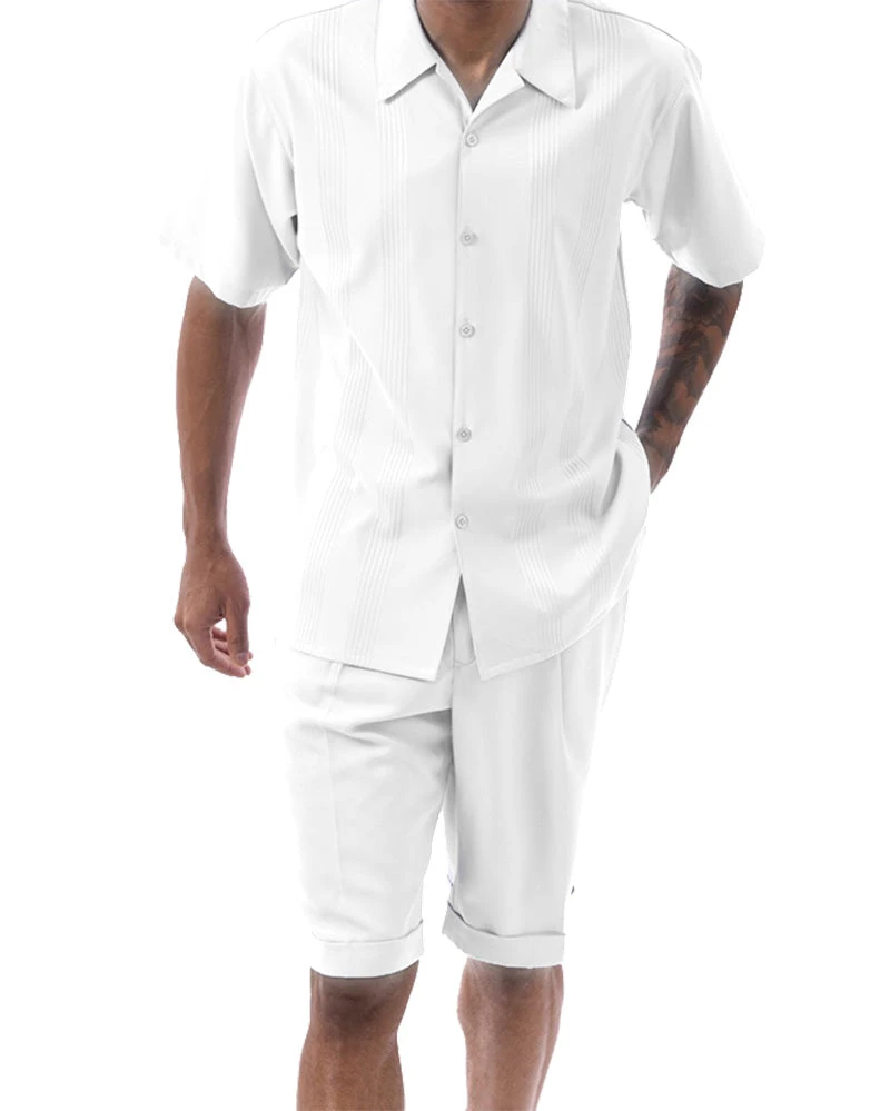 White Tone On Tone Vertical Stripes Walking Suit 2 Piece Short Sleeve Set With Shorts 3 White Tone On Tone Vertical Stripes Walking Suit 2 Piece Short Sleeve Set With Shorts