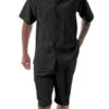 Black Tone On Tone Vertical Stripes Walking Suit 2 Piece Short Sleeve Set With Shorts -Clothing Shop 72306 black