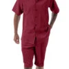 Burgundy Tone On Tone Vertical Stripes Walking Suit 2 Piece Short Sleeve Set With Shorts -Clothing Shop 72306 burgundy