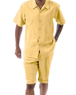 Gold Tone On Tone Vertical Stripes Walking Suit 2 Piece Short Sleeve Set With Shorts