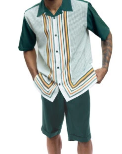 Emerald Green Symmetry Pattern Walking Suit 2 Piece Short Sleeve Set With Shorts