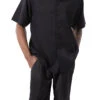 Black Walking Suit Tone On Tone Vertical Stripes 2 Piece Short Sleeve Set With Shorts -Clothing Shop 72311 Black