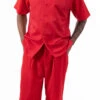 Red Walking Suit Tone On Tone Vertical Stripes 2 Piece Short Sleeve Set With Shorts -Clothing Shop 72311 Red