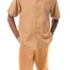 Tan Walking Suit Tone On Tone Vertical Stripes 2 Piece Short Sleeve Set With Shorts -Clothing Shop 72311 Tan