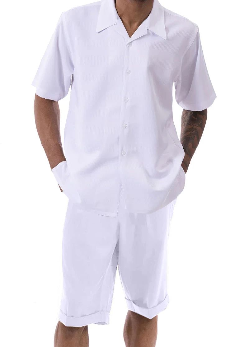 White Walking Suit Tone On Tone Vertical Stripes 2 Piece Short Sleeve Set With Shorts 3 White Walking Suit Tone On Tone Vertical Stripes 2 Piece Short Sleeve Set With Shorts