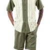 Olive Tone On Tone Stripes Walking Suit 2 Piece Short Sleeve Set With Shorts 1 Olive Tone On Tone Stripes Walking Suit 2 Piece Short Sleeve Set With Shorts -Clothing Shop 72312 Olive