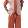 Papaya Tone On Tone Stripes Walking Suit 2 Piece Short Sleeve Set With Shorts