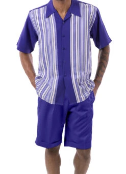Purple Tone On Tone Stripes Walking Suit 2 Piece Short Sleeve Set With Shorts