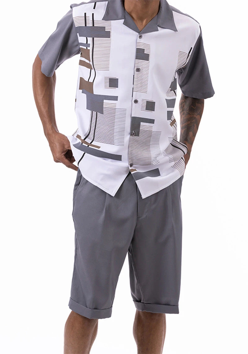 Gray Line Pattern Walking Suit 2 Piece Short Sleeve Set With Shorts 3 Gray Line Pattern Walking Suit 2 Piece Short Sleeve Set With Shorts