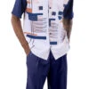 Navy Line Pattern Walking Suit 2 Piece Short Sleeve Set With Shorts -Clothing Shop 72313 NAVY