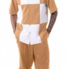 Cognac Color Block Walking Suit 2 Piece Short Sleeve Set With Shorts -Clothing Shop 72314 Cognac