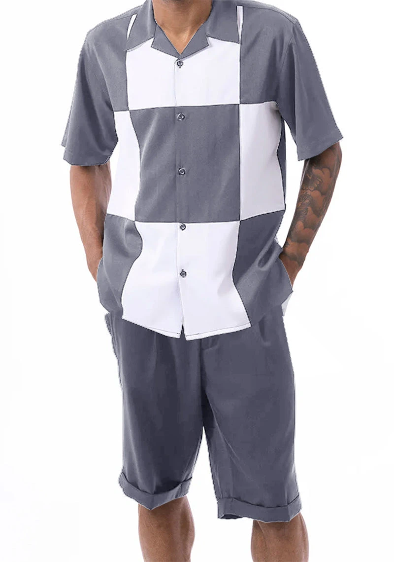 Gray Color Block Walking Suit 2 Piece Short Sleeve Set With Shorts 3 Gray Color Block Walking Suit 2 Piece Short Sleeve Set With Shorts