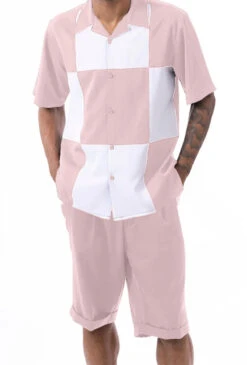 Pink Color Block Walking Suit 2 Piece Short Sleeve Set With Shorts