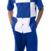 Cobalt Blue Color Block Walking Suit 2 Piece Short Sleeve Set With Shorts -Clothing Shop 72314 cobalt