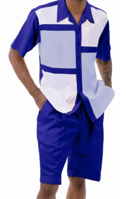 Purple Houndstooth Color Block Walking Suit 2 Piece Short Sleeve Set With Shorts