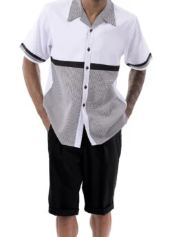 Black Houndstooth Color Block Walking Suit 2 Piece Short Sleeve Set With Shorts