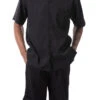 Black Tone On Tone Striped Walking Suit 2 Piece Short Sleeve Set With Shorts -Clothing Shop 72319 black