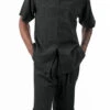 Black Tone On Tone Windowpane Walking Suit 2 Piece Short Sleeve Set With Shorts -Clothing Shop 72321 black