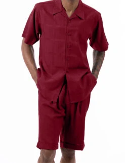 Burgundy Tone On Tone Windowpane Walking Suit 2 Piece Short Sleeve Set With Shorts