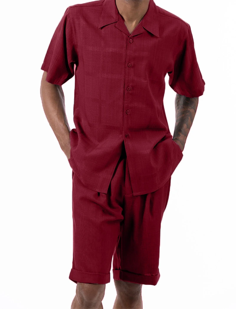 Burgundy Tone On Tone Windowpane Walking Suit 2 Piece Short Sleeve Set With Shorts 3 Burgundy Tone On Tone Windowpane Walking Suit 2 Piece Short Sleeve Set With Shorts