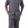Gray Tone On Tone Windowpane Walking Suit 2 Piece Short Sleeve Set With Shorts -Clothing Shop 72321 gray