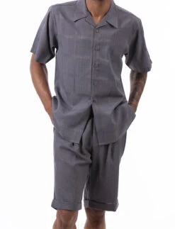Gray Tone On Tone Windowpane Walking Suit 2 Piece Short Sleeve Set With Shorts