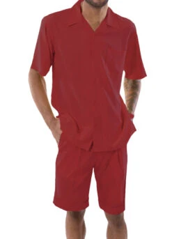 Red 2 Piece Short Sleeve Walking Suit Set With Elastic Waistband Shorts
