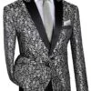 Silver Regular Fit Floral Pattern Jacket Peak Lapel -Clothing Shop BF 2 SILVER 1