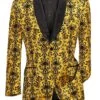 Gold Regular Fit Embossed Damask Print Velvet Jacket Shawl Lapel
