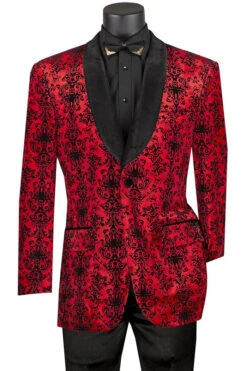 (M) Red Regular Fit Embossed Damask Print Velvet Jacket Shawl Lapel
