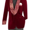 Burgundy Regular Fit Velvet Jacket With Wide Shawl Lapel And Cuffs -Clothing Shop BF 5 BURGUNDY