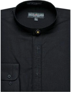 Men's Banded Collar Embroidered Shirt In Black/Black