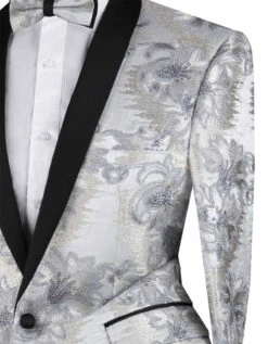 Silver Embroidery Slim Fit Jacket Shawl Lapel With Bow Tie -Clothing Shop BSF 13 SILVER