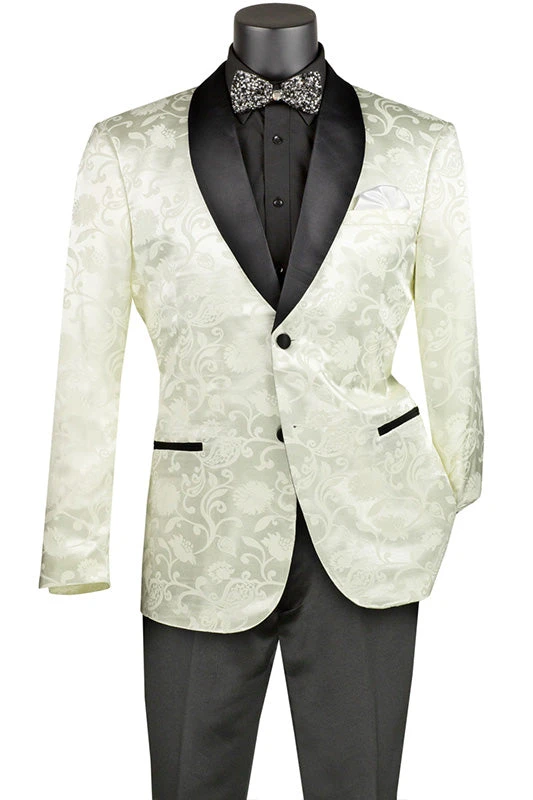 (M, 4XL) Ivory Slim Fit Jacket Silky Jacquard Fabric With Bow Tie 3 (M, 4XL) Ivory Slim Fit Jacket Silky Jacquard Fabric With Bow Tie