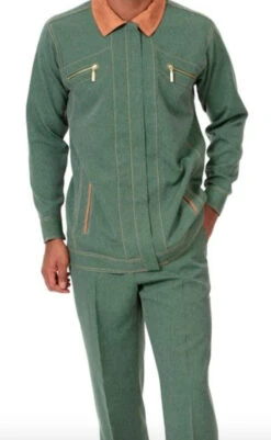 Men's 2 Piece Long Sleeve Denim Feel Walking Suit In Hunter Green