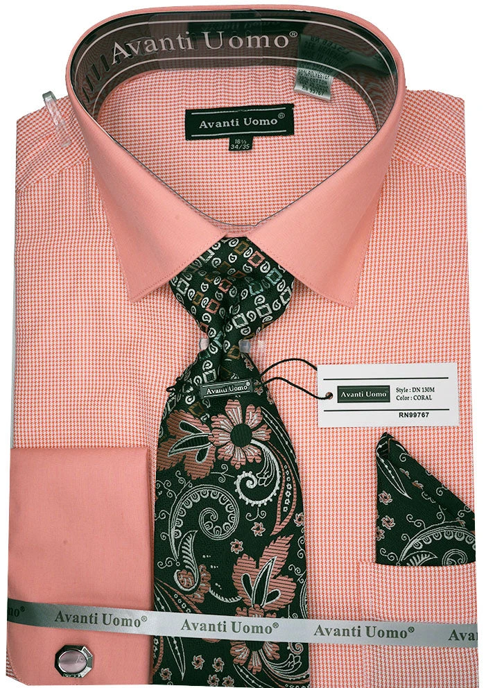 Coral Mini-Houndstooth Dress Shirt Set With Tie And Handkerchief 3 Coral Mini-Houndstooth Dress Shirt Set With Tie And Handkerchief