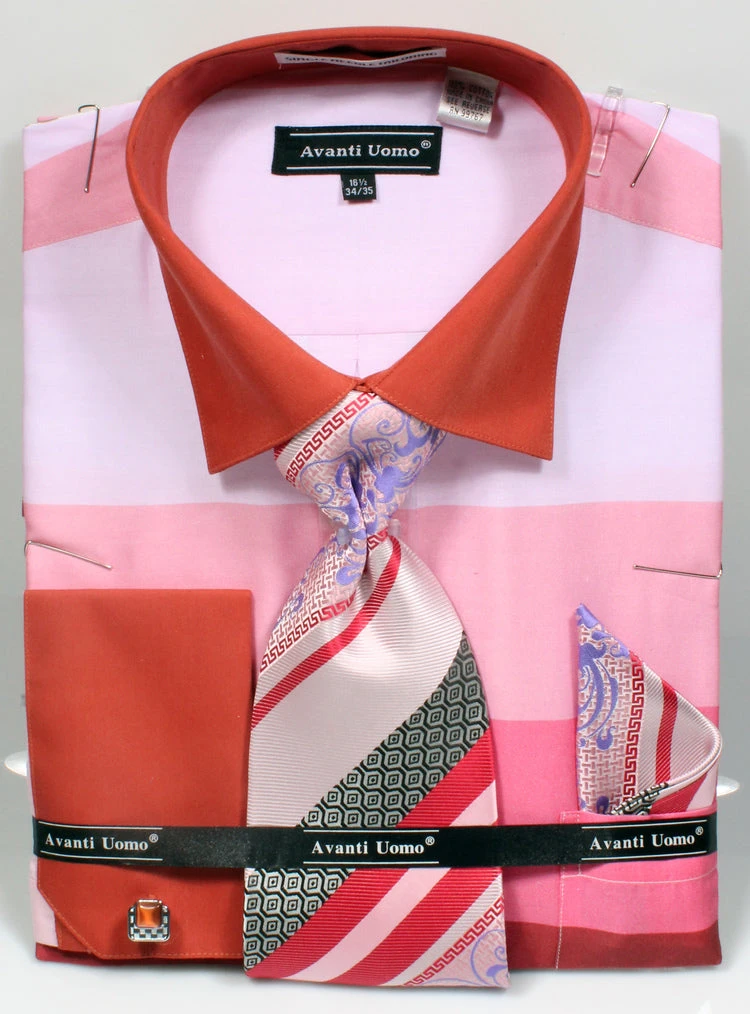 French Cuff Shirt In Pink With Tie, Cuff Links, And Handkerchief 3 French Cuff Shirt In Pink With Tie, Cuff Links, And Handkerchief