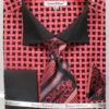 French Cuff Checker Pattern Cotton Shirt In Black/Coral With Tie, Cuff Links And Pocket Square -Clothing Shop DS3782P2 BK CORAL