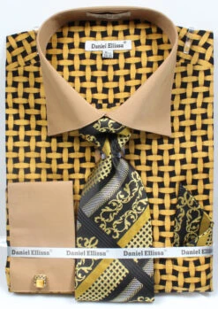 French Cuff Checker Pattern Cotton Shirt In Black/Mustard With Tie, Cuff Links And Handkerchief